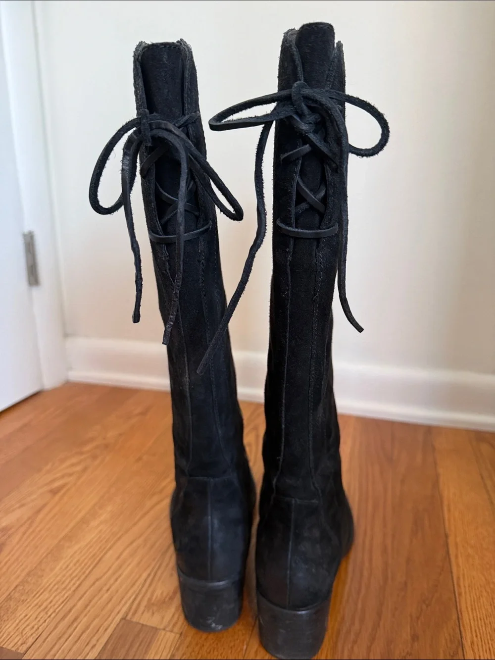 Born Black Suede Knee Boots with Back Tie and Side Zipper